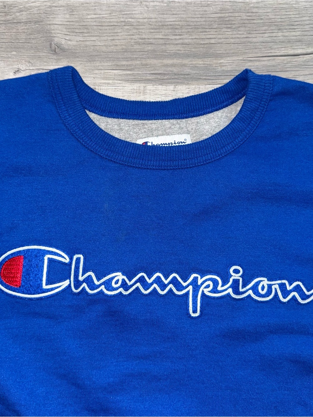 Champion Powerblend Fleece Crew Felt Script Logo Chainstitch GF88H Blue Sz XL - Picture 2 of 16